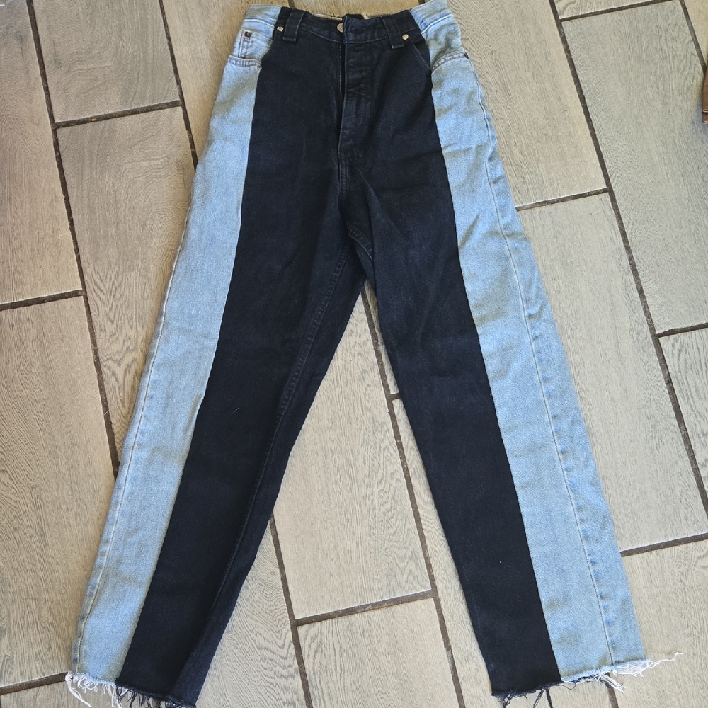 Updid Two-Tone High Waist Jeans – Black & Light Wash Colorblock 12" Waist wp204